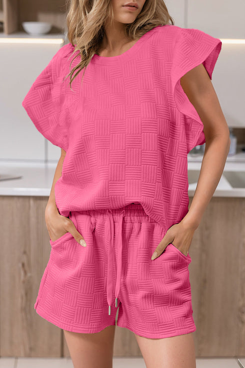 Textured Ruffled Sleeve Tee and Drawstring Shorts Set